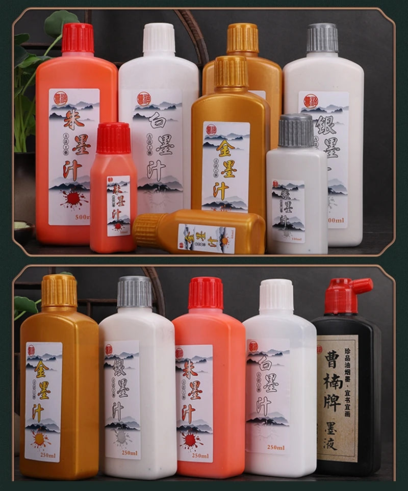 100ml/250ml Chinese Calligraphy Ink – Black, Red, White, Silver & Gold Metallic Inks for Writing and Art