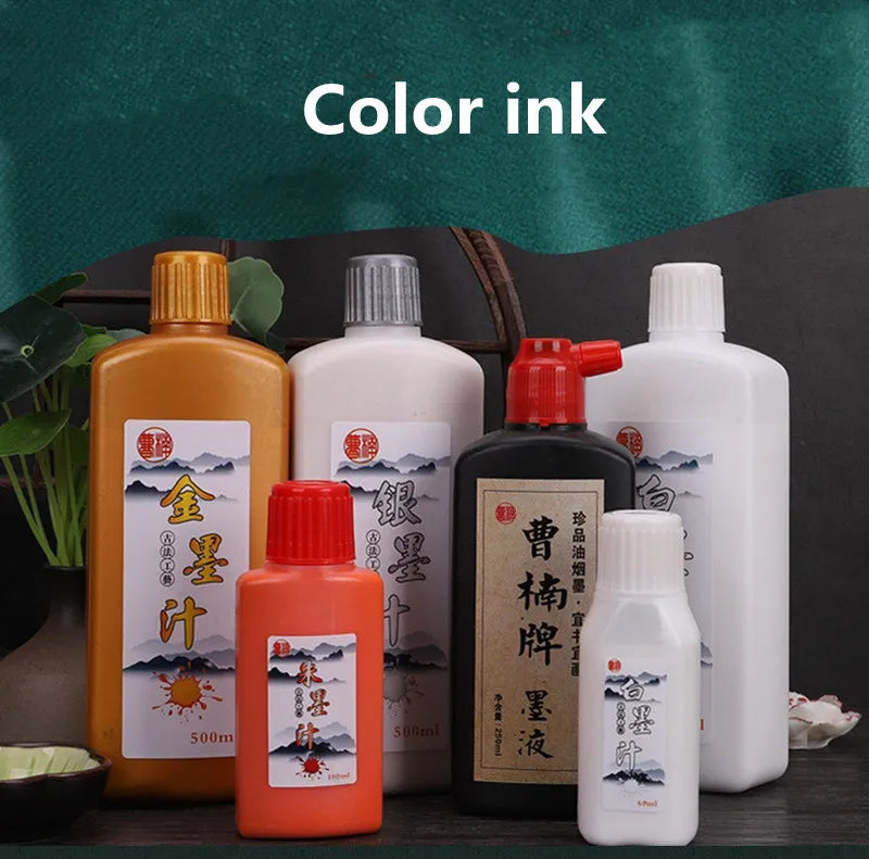 100ml/250ml Chinese Calligraphy Ink – Black, Red, White, Silver & Gold Metallic Inks for Writing and Art