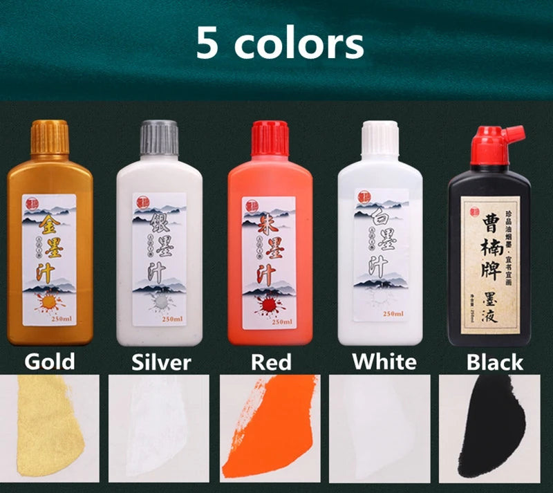 100ml/250ml Chinese Calligraphy Ink – Black, Red, White, Silver & Gold Metallic Inks for Writing and Art