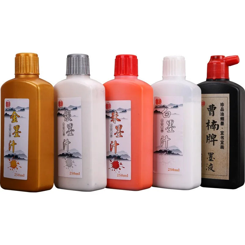 100ml/250ml Chinese Calligraphy Ink – Black, Red, White, Silver & Gold Metallic Inks for Writing and Art